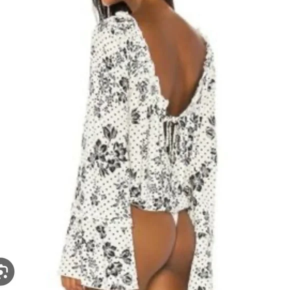 Free People NWT One On One Date Bodysuit in Ivory Black and White Long Sleeve - Picture 3 of 13